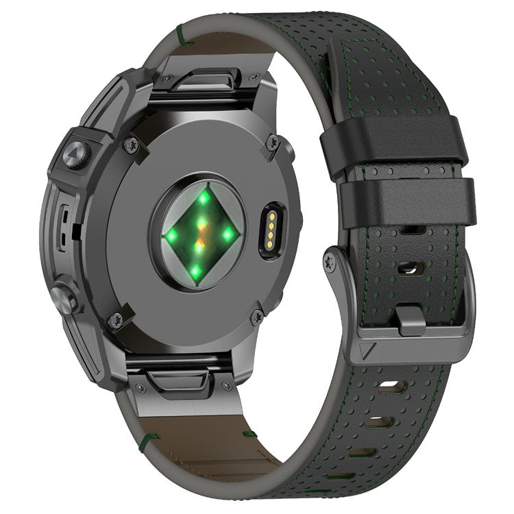 For Garmin 22mm Genuine Cow Leather Watch Band Stitching Line Replacement Strap - Black+Green