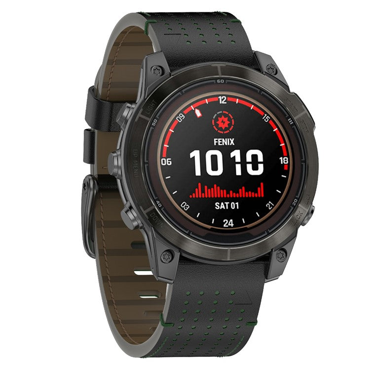 For Garmin 22mm Genuine Cow Leather Watch Band Stitching Line Replacement Strap - Black+Green