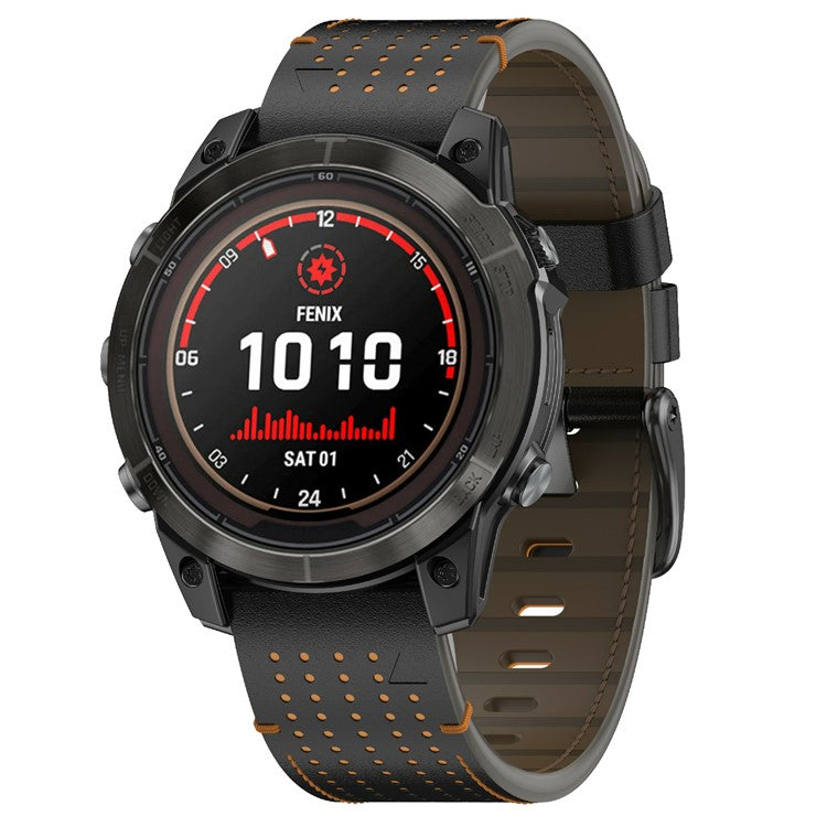 For Garmin 26mm Genuine Cow Leather Watch Band Stitching Line Replacement Strap - Black+Orange