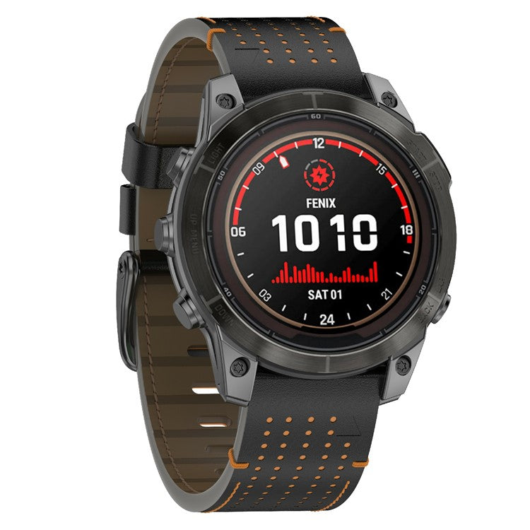 For Garmin 26mm Genuine Cow Leather Watch Band Stitching Line Replacement Strap - Black+Orange