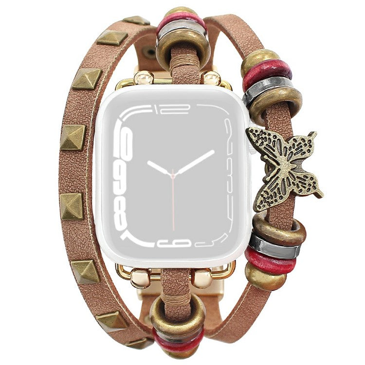Leather Bracelet Strap for Apple Watch Series 10 9 8 7 SE 6 5 4 3 2 1 42mm 41mm 40mm 38mm Rivet Decor Watch Band - Brown