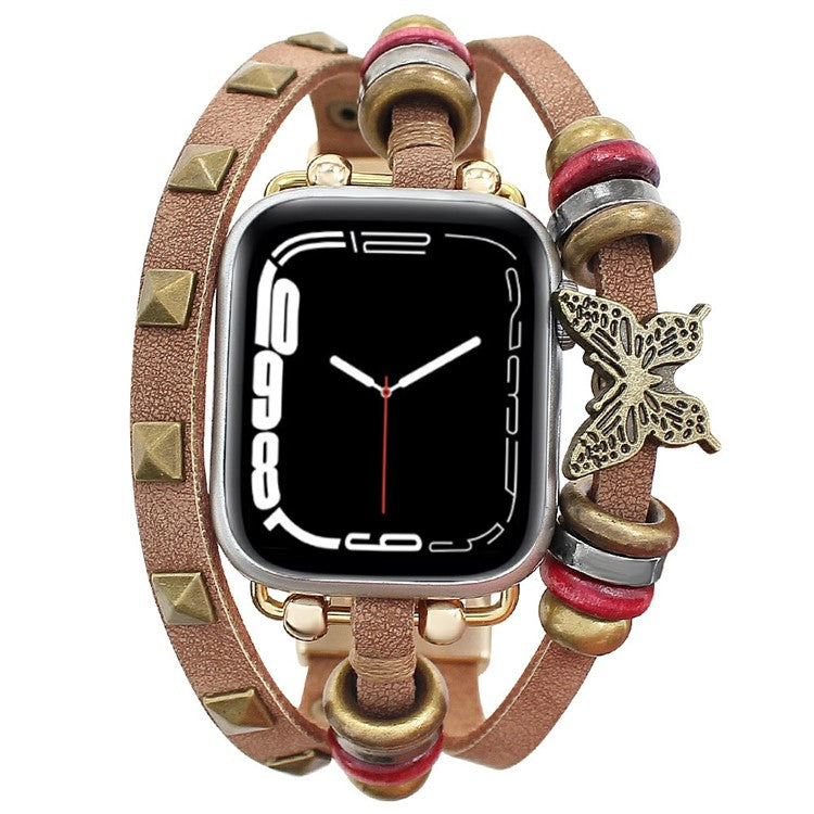 Leather Bracelet Strap for Apple Watch Series 10 9 8 7 SE 6 5 4 3 2 1 42mm 41mm 40mm 38mm Rivet Decor Watch Band - Brown