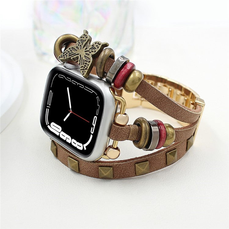 Leather Bracelet Strap for Apple Watch Series 10 9 8 7 SE 6 5 4 3 2 1 42mm 41mm 40mm 38mm Rivet Decor Watch Band - Brown
