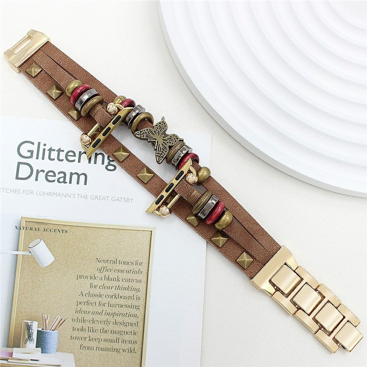 Leather Bracelet Strap for Apple Watch Series 10 9 8 7 SE 6 5 4 3 2 1 42mm 41mm 40mm 38mm Rivet Decor Watch Band - Brown