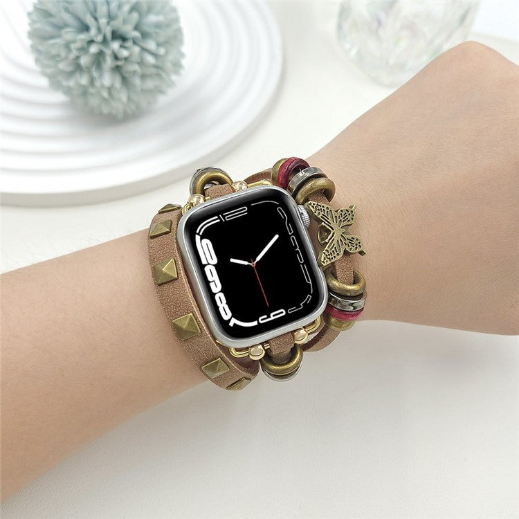 Leather Bracelet Strap for Apple Watch Series 10 9 8 7 SE 6 5 4 3 2 1 42mm 41mm 40mm 38mm Rivet Decor Watch Band - Brown