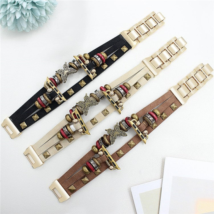 Leather Bracelet Strap for Apple Watch Series 10 9 8 7 SE 6 5 4 3 2 1 42mm 41mm 40mm 38mm Rivet Decor Watch Band - Brown