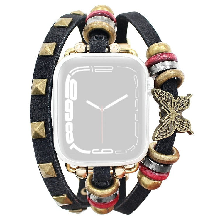 Leather Bracelet Strap for Apple Watch Series 10 Ultra 9 8 7 SE 6 5 4 3 2 1 46mm 49mm 45mm 44mm 42mm Rivet Decor Watch Band - Black