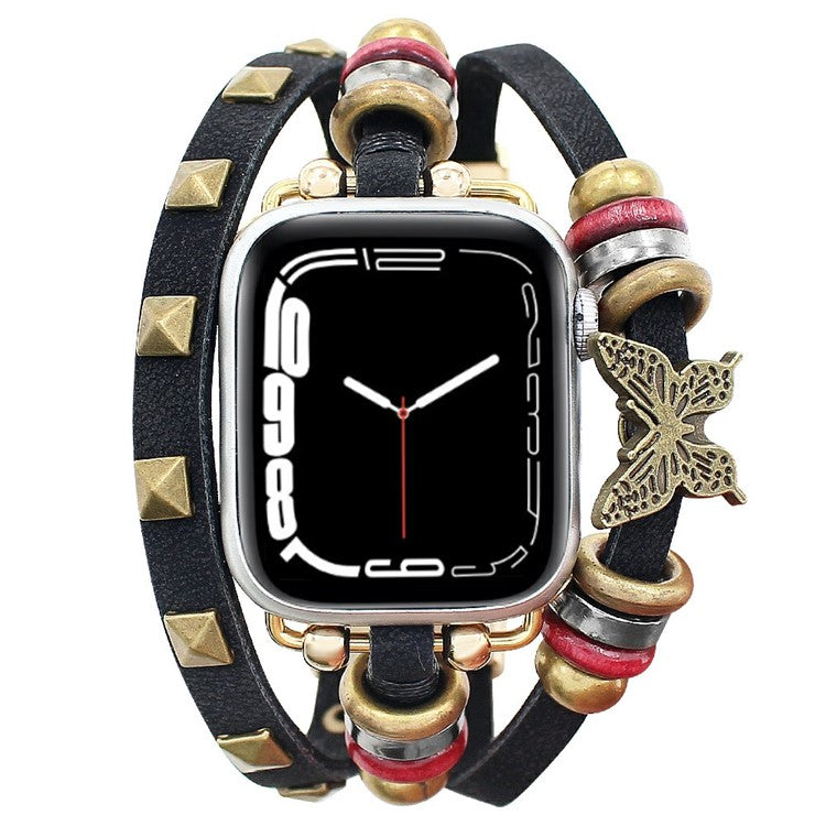 Leather Bracelet Strap for Apple Watch Series 10 Ultra 9 8 7 SE 6 5 4 3 2 1 46mm 49mm 45mm 44mm 42mm Rivet Decor Watch Band - Black