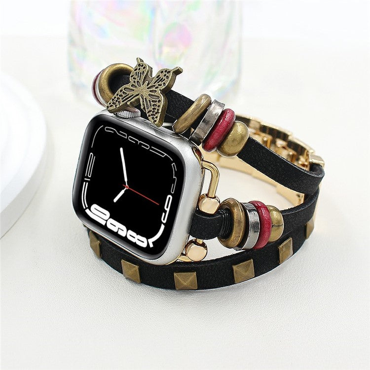 Leather Bracelet Strap for Apple Watch Series 10 Ultra 9 8 7 SE 6 5 4 3 2 1 46mm 49mm 45mm 44mm 42mm Rivet Decor Watch Band - Black