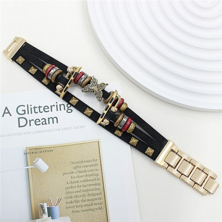 Leather Bracelet Strap for Apple Watch Series 10 Ultra 9 8 7 SE 6 5 4 3 2 1 46mm 49mm 45mm 44mm 42mm Rivet Decor Watch Band - Black