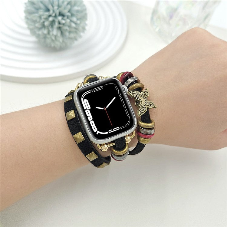 Leather Bracelet Strap for Apple Watch Series 10 Ultra 9 8 7 SE 6 5 4 3 2 1 46mm 49mm 45mm 44mm 42mm Rivet Decor Watch Band - Black