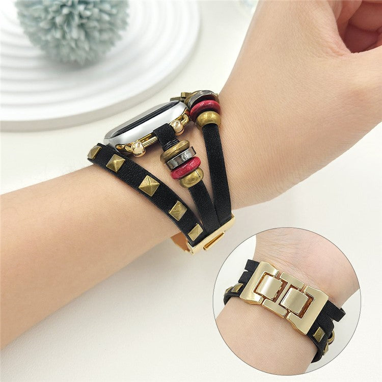 Leather Bracelet Strap for Apple Watch Series 10 Ultra 9 8 7 SE 6 5 4 3 2 1 46mm 49mm 45mm 44mm 42mm Rivet Decor Watch Band - Black