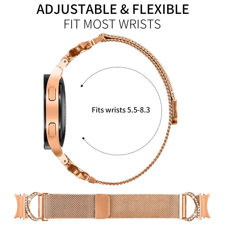 Watch Strap with Connector for Samsung Galaxy Watch 5  /  Watch4 40  /  42  /  44  /  45  /  46mm Milanese Metal Watch Band Rhinestone Decor - Rose Gold