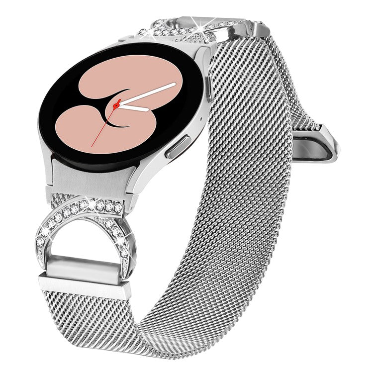 Watch Strap with Quick Release Connector for Samsung Galaxy Watch7 44mm / 40mm Milanese Silver Metal Watch Band Rhinestone Decor