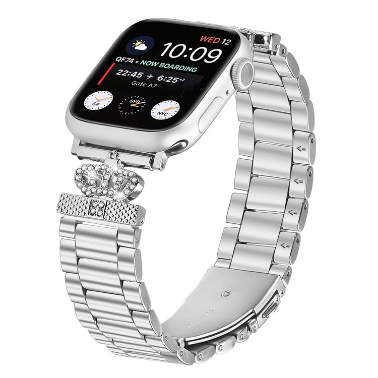 Stainless Steel Strap for Apple Watch Series 10 Ultra 9 8 7 SE 6 5 4 3 2 1 46mm 49mm 45mm 44mm 42mm Crown Shape Rhinestone Decor Silver Watch Band