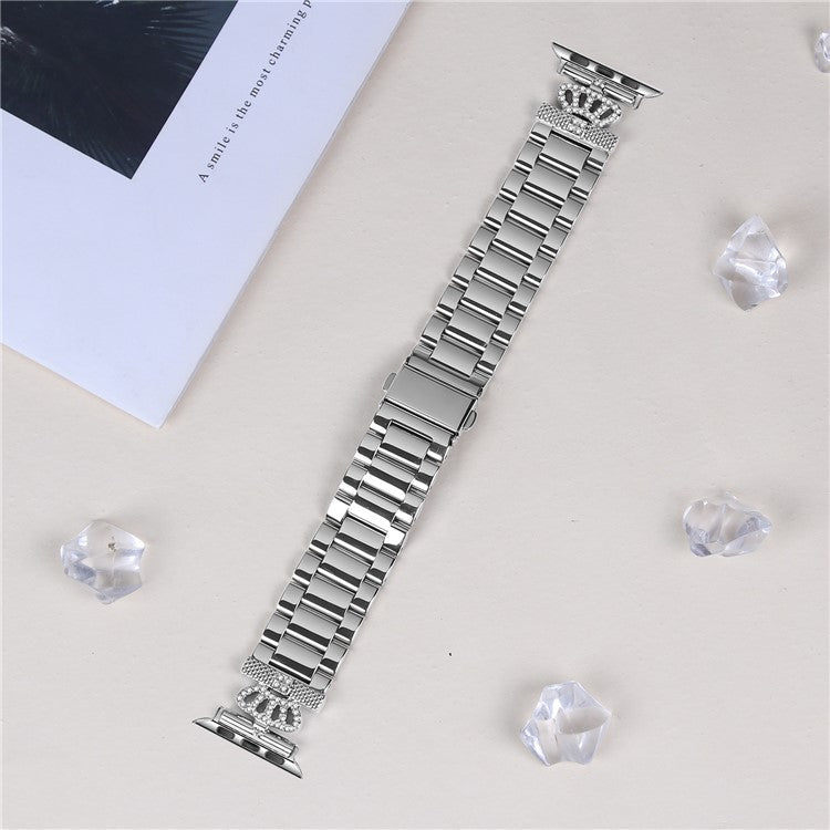 Stainless Steel Strap for Apple Watch Series 10 Ultra 9 8 7 SE 6 5 4 3 2 1 46mm 49mm 45mm 44mm 42mm Crown Shape Rhinestone Decor Silver Watch Band