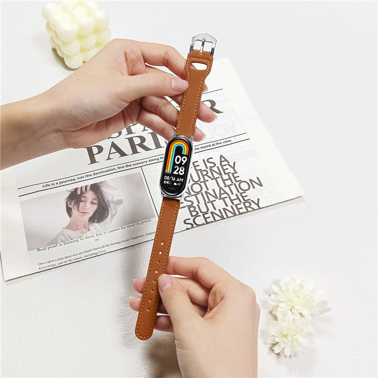 Watchband for Xiaomi Smart Band 9 NFC / 9 / 8 NFC / 8 Microfiber Leather Watch Strap with Silver Buckle - Brown
