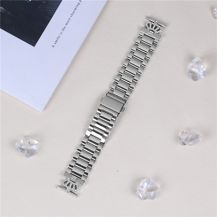 For Honor MagicWatch 2 42mm Stainless Steel Strap Crown Shape Rhinestone Decor Silver Watch Band