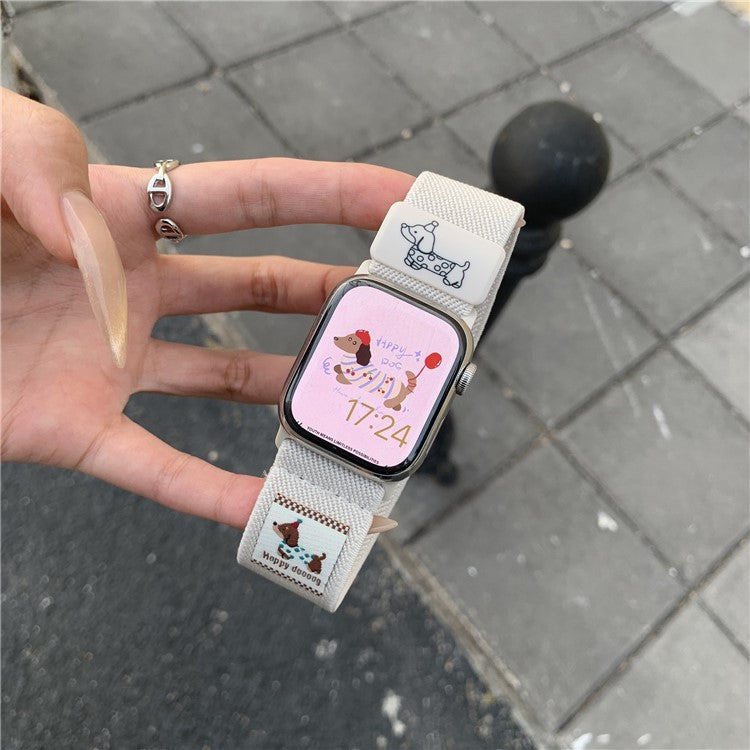 Nylon Elastic Strap for Apple Watch Series 10 9 8 7 SE 6 5 4 3 2 1 42mm 41mm 40mm 38mm Dachshund Dog Pattern Magnetic Buckle Watch Band - White