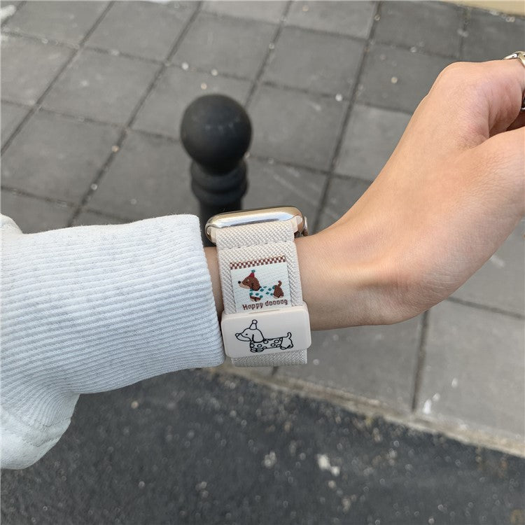 Nylon Elastic Strap for Apple Watch Series 10 9 8 7 SE 6 5 4 3 2 1 42mm 41mm 40mm 38mm Dachshund Dog Pattern Magnetic Buckle Watch Band - White