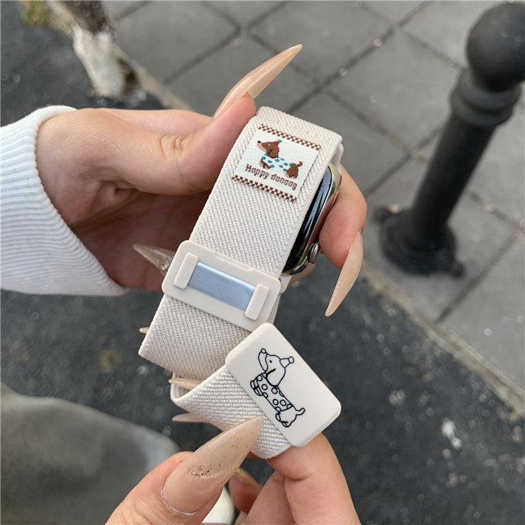 Nylon Elastic Strap for Apple Watch Series 10 9 8 7 SE 6 5 4 3 2 1 42mm 41mm 40mm 38mm Dachshund Dog Pattern Magnetic Buckle Watch Band - White