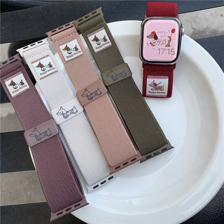 Nylon Elastic Strap for Apple Watch Series 10 9 8 7 SE 6 5 4 3 2 1 42mm 41mm 40mm 38mm Dachshund Dog Pattern Magnetic Buckle Watch Band - White