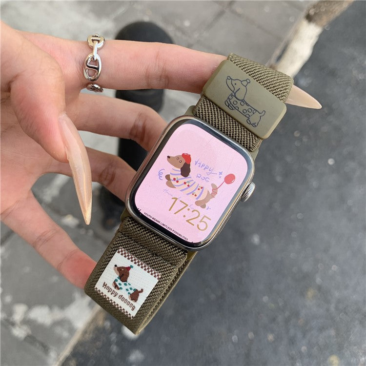 Nylon Strap for Apple Watch Series 10 Ultra 9 8 7 SE 6 5 4 3 2 1 46mm 49mm 45mm 44mm 42mm Dog Pattern Magnetic Buckle Watch Band - Olive Green