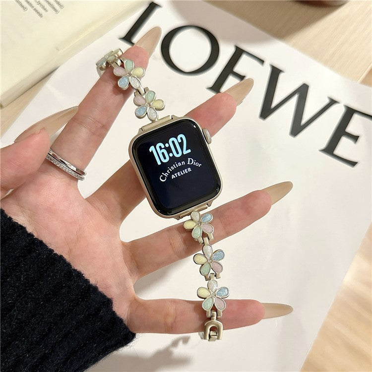 Watch Band for Apple Watch Series 10 9 8 7 SE 6 5 4 3 2 1 42mm 41mm 40mm 38mm Flower Design Zinc Alloy Wrist Strap - Light Colorful+Starlight