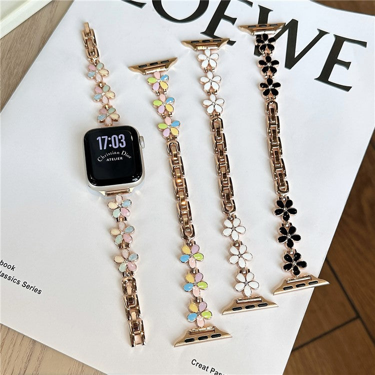 Watch Band for Apple Watch Series 10 Ultra 9 8 7 SE 6 5 4 3 2 1 46mm 49mm 45mm 44mm 42mm Flower Design Zinc Alloy Wrist Strap - White+Rose Gold