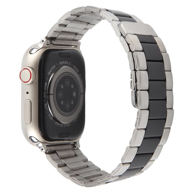 Metal Watch Band for Apple Watch Series 10 Ultra 9 8 7 SE 6 5 4 3 2 1 46mm 49mm 45mm 44mm 42mm Magnetic Three Bead Wrist Strap - Silver+Black