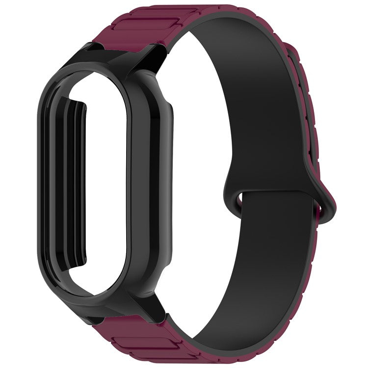 For Xiaomi Smart Band 9 NFC / 9 Magnetic Silicone Strap Dual Color Wristband with PC Protective Frame - Wine Red+Black+Black
