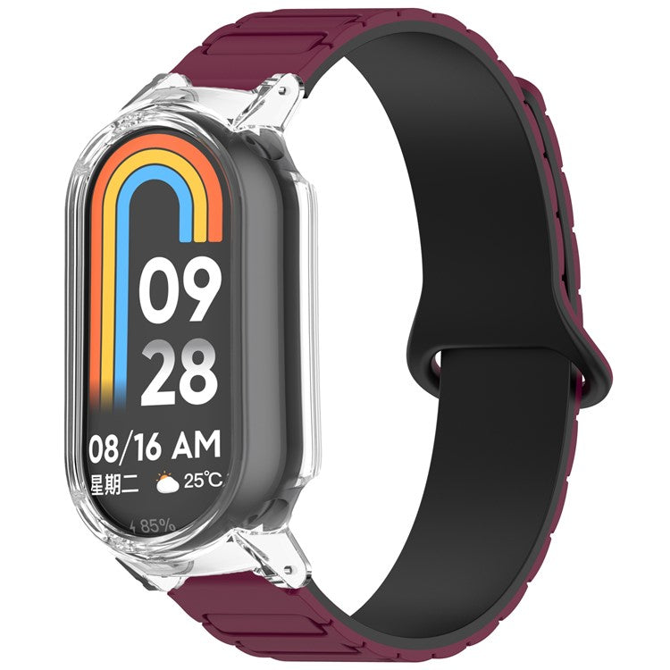 For Xiaomi Smart Band 9 NFC / 9 Magnetic Silicone Strap Dual Color Wristband with PC Protective Frame - Wine Red+Black+Clear