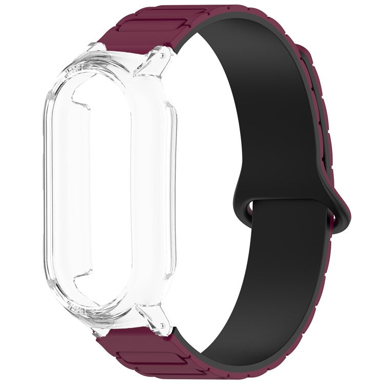 For Xiaomi Smart Band 9 NFC / 9 Magnetic Silicone Strap Dual Color Wristband with PC Protective Frame - Wine Red+Black+Clear