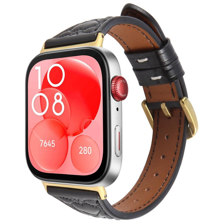 For Huawei Watch Fit 3 Heart Pattern Embossed Watch Band Cowhide Leather Strap - Black