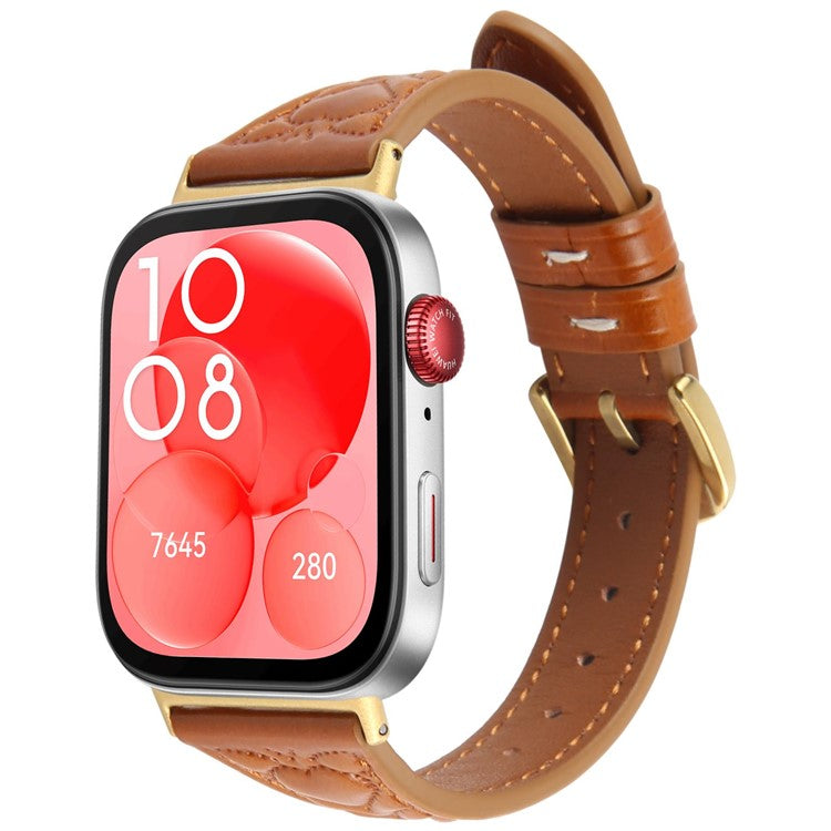 For Huawei Watch Fit 3 Heart Pattern Embossed Watch Band Cowhide Leather Strap - Brown