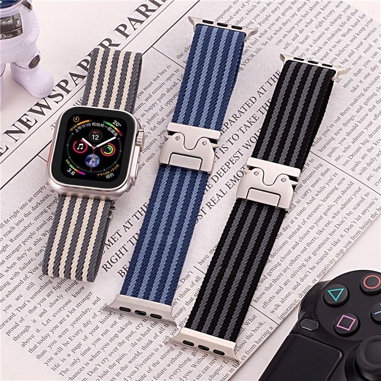 Watch Band for Apple Watch Series 10 9 8 7 SE 6 5 4 3 2 1 42mm 41mm 40mm 38mm 4-Stripe Parachute Buckle Nylon Strap - Black+Grey