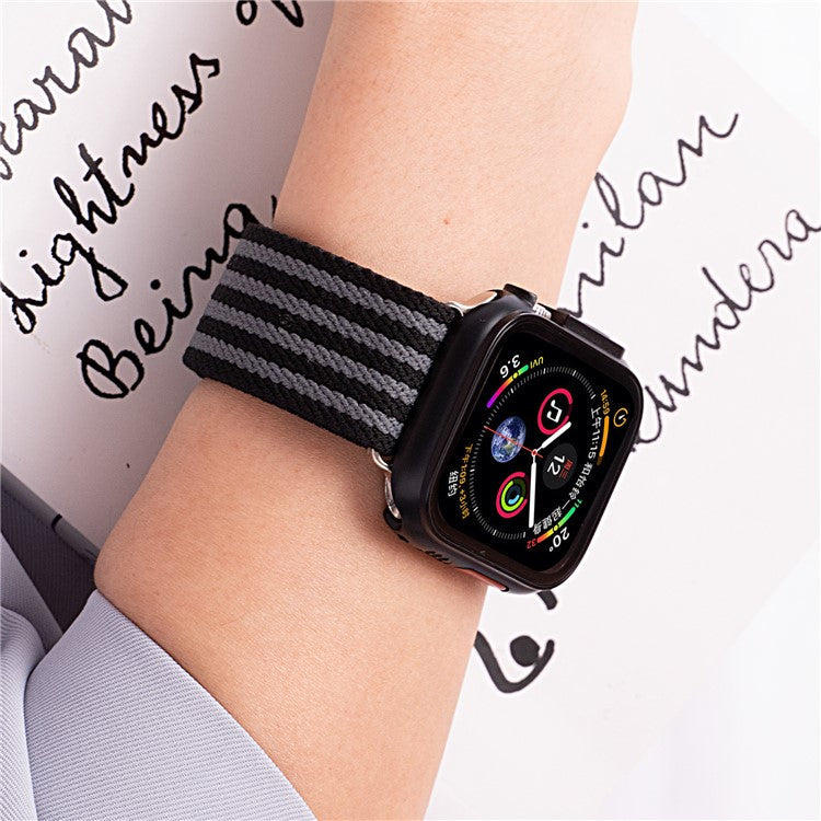 Watch Band for Apple Watch Series 10 9 8 7 SE 6 5 4 3 2 1 42mm 41mm 40mm 38mm 4-Stripe Parachute Buckle Nylon Strap - Black+Grey