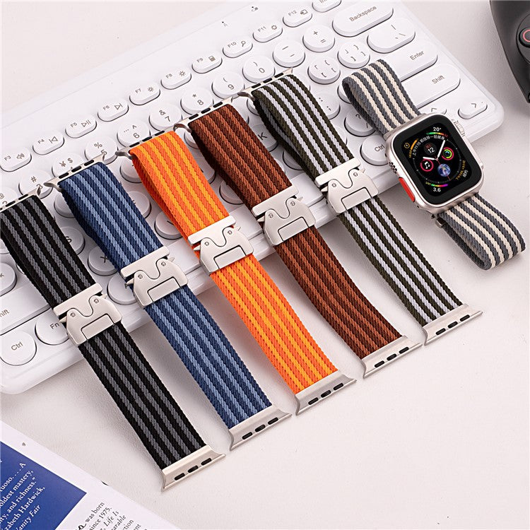 Watch Band for Apple Watch Series 10 9 8 7 SE 6 5 4 3 2 1 42mm 41mm 40mm 38mm 4-Stripe Parachute Buckle Nylon Strap - Black+Grey