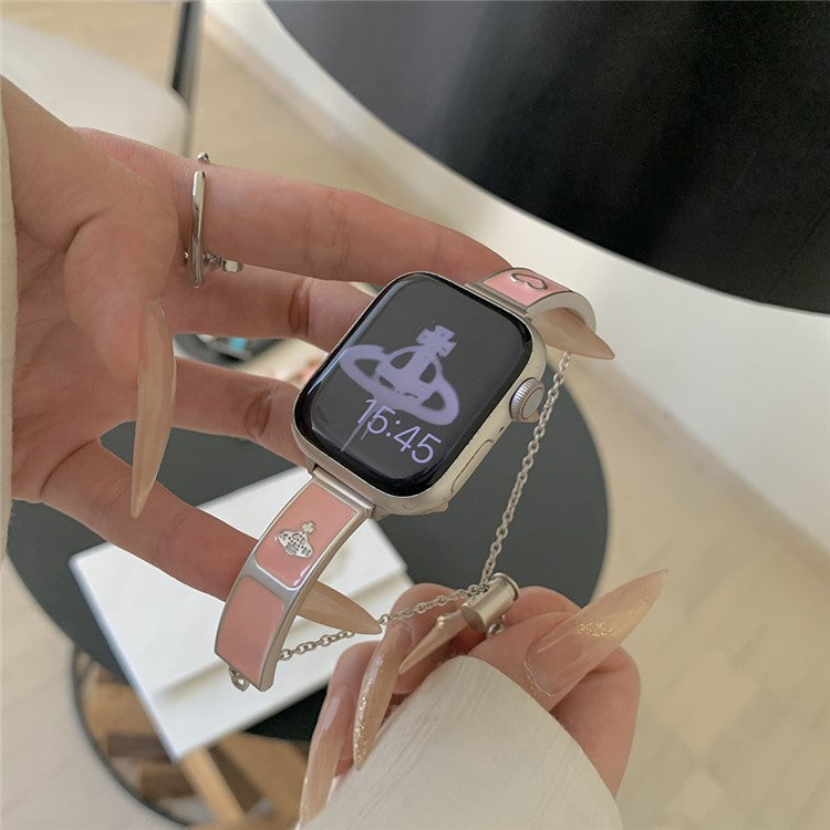 Watch Band For Apple Watch Series 10 Ultra 9 8 7 SE 6 5 4 3 2 1 46mm 49mm 45mm 44mm 42mm Enamel Saturn Bracelet Metal Strap - Starlight Pink