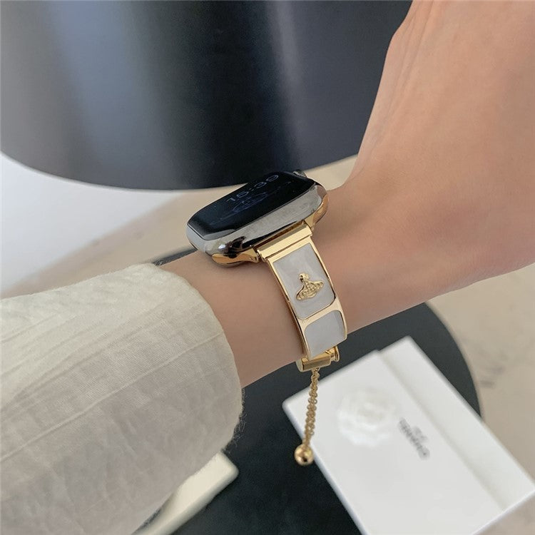 Watch Band For Apple Watch Series 10 Ultra 9 8 7 SE 6 5 4 3 2 1 46mm 49mm 45mm 44mm 42mm Enamel Saturn Bracelet Metal Strap - Cream Gold