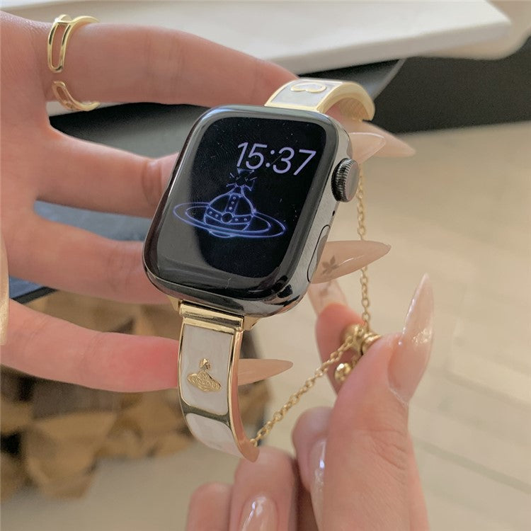 Watch Band For Apple Watch Series 10 Ultra 9 8 7 SE 6 5 4 3 2 1 46mm 49mm 45mm 44mm 42mm Enamel Saturn Bracelet Metal Strap - Cream Gold