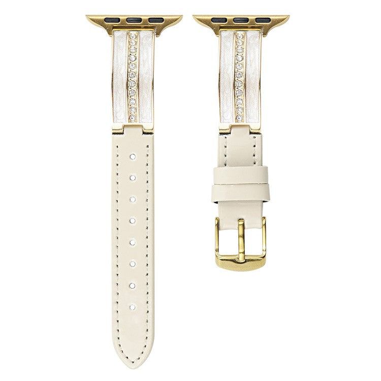 Watch Band For Apple Watch Series 10 9 8 7 SE 6 5 4 3 2 1 42mm 41mm 40mm 38mm Curved Zinc Alloy Leather Strap - Beige + Gold Buckle