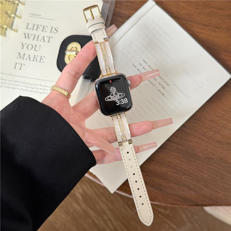 Watch Band For Apple Watch Series 10 9 8 7 SE 6 5 4 3 2 1 42mm 41mm 40mm 38mm Curved Zinc Alloy Leather Strap - Beige + Gold Buckle