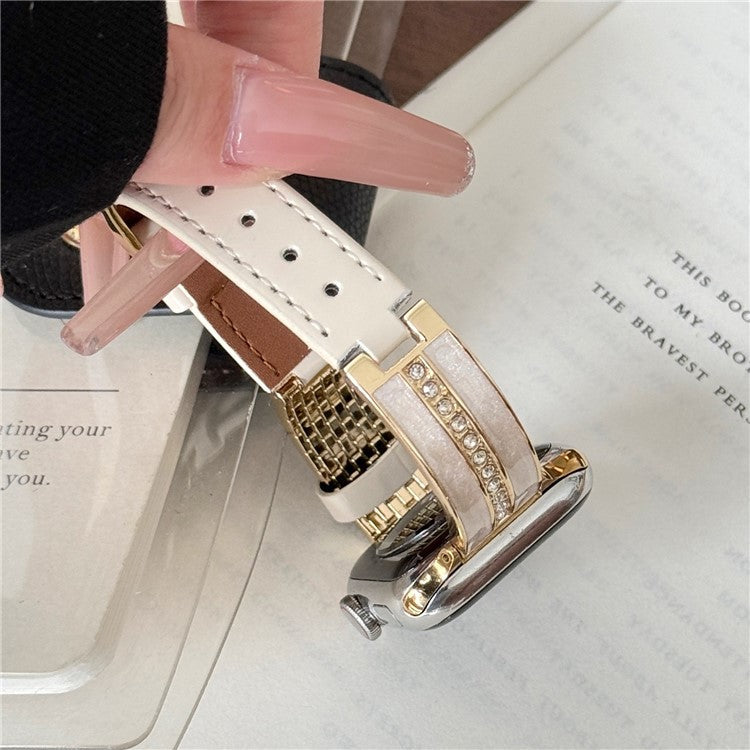 Watch Band For Apple Watch Series 10 9 8 7 SE 6 5 4 3 2 1 42mm 41mm 40mm 38mm Curved Zinc Alloy Leather Strap - Beige + Gold Buckle