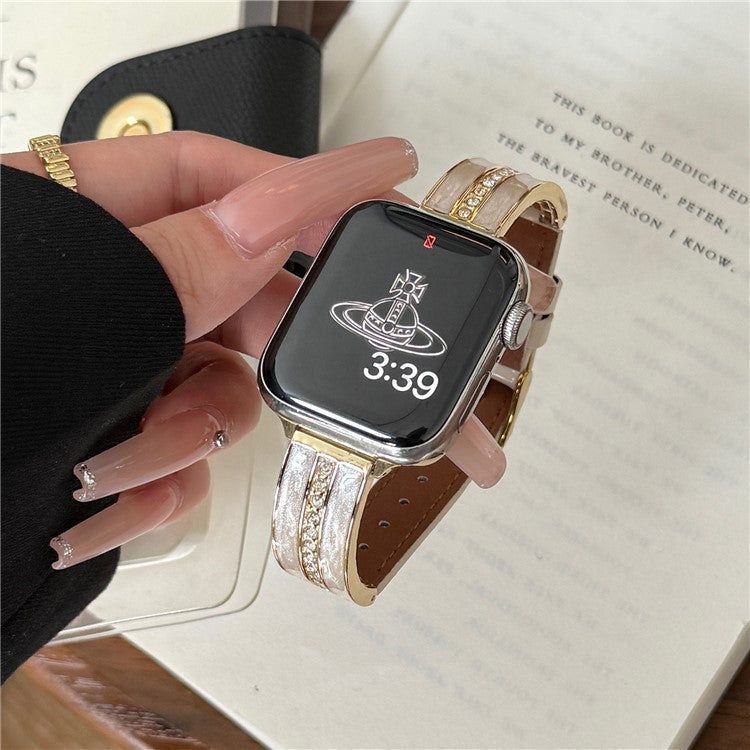 Watch Band For Apple Watch Series 10 9 8 7 SE 6 5 4 3 2 1 42mm 41mm 40mm 38mm Curved Zinc Alloy Leather Strap - Beige + Gold Buckle