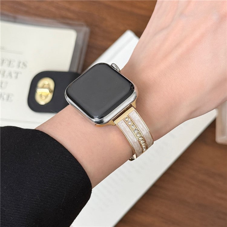 Watch Band For Apple Watch Series 10 9 8 7 SE 6 5 4 3 2 1 42mm 41mm 40mm 38mm Curved Zinc Alloy Leather Strap - Beige + Gold Buckle