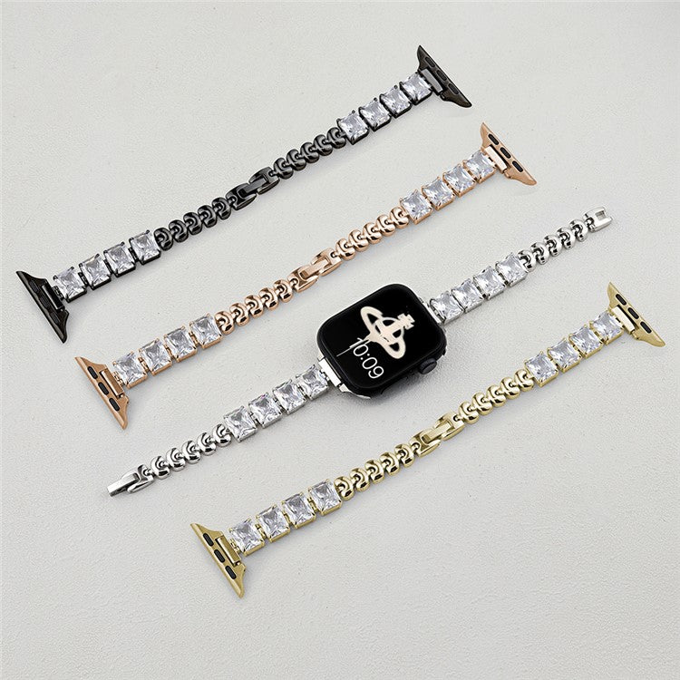 Copper Chain Strap for Apple Watch Series 10 Ultra 9 8 7 SE 6 5 4 3 2 1 46mm 49mm 45mm 44mm 42mm Square Rhinestone Watch Band - Black