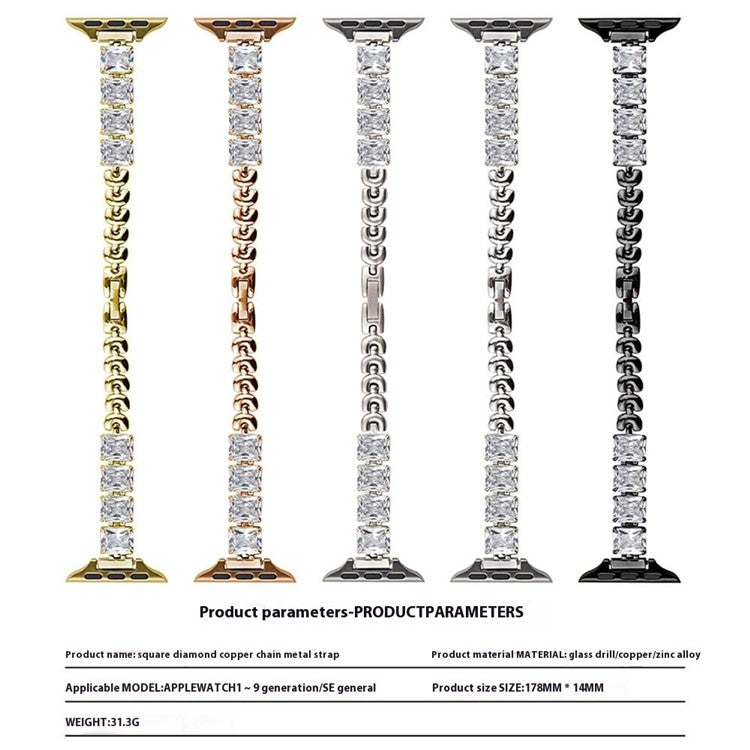 Copper Chain Strap for Apple Watch Series 10 Ultra 9 8 7 SE 6 5 4 3 2 1 46mm 49mm 45mm 44mm 42mm Square Rhinestone Watch Band - Black