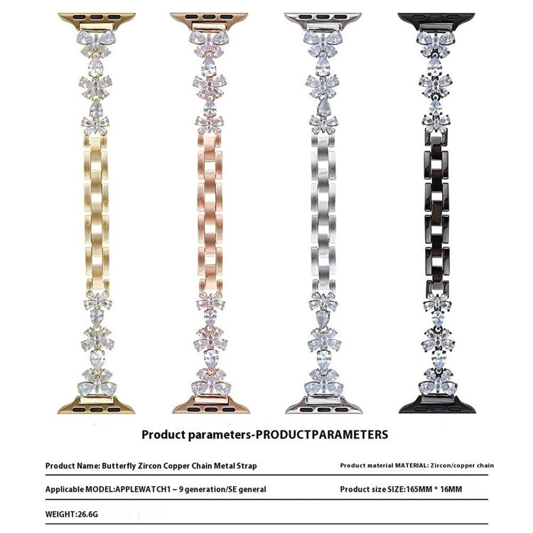 Copper Chain Strap for Apple Watch Series 10 9 8 7 SE 6 5 4 3 2 1 42mm 41mm 40mm 38mm Butterfly Zircon Decor Watch Band - Gold