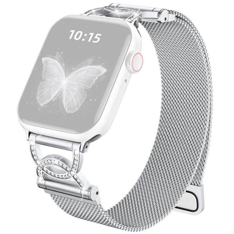 Watch Band For Apple Watch Series 10 9 8 7 SE 6 5 4 3 2 1 42mm 41mm 40mm 38mm DC-Shape Rhinestones Magnetic Clasp Stainless Steel Strap - Silver